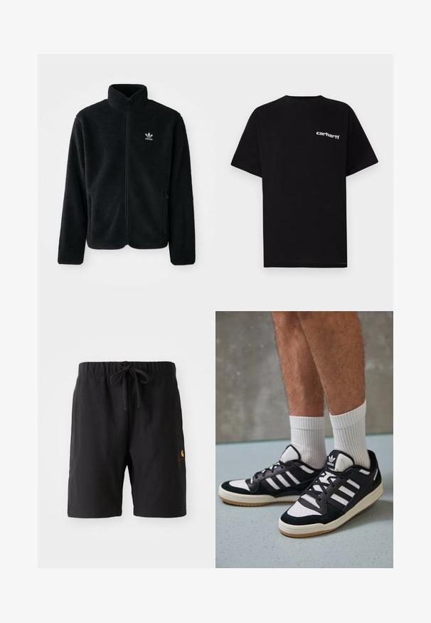 Chupa de forro polar negro con cuello alto, cierre frontal y bolsillos delanteros. Presenta tela texturizada y un pequeño logo blanco en el lado izquierdo del pecho.; Camiseta negra de algodón con mangas cortas, cuello redondo y logo blanco de "Carhartt" en el pecho izquierdo. Textura suave, diseño minimalista.; Pantalones cortos negros con una cinturilla elástica y cordón. Cuenta con un bolsillo lateral y un pequeño logo en rojo y amarillo en la parte inferior izquierda.; Zapatillas en blanco y negro con parte superior de ante y cuero, que presentan tres franjas blancas, una puntera perforada y una suela de goma.