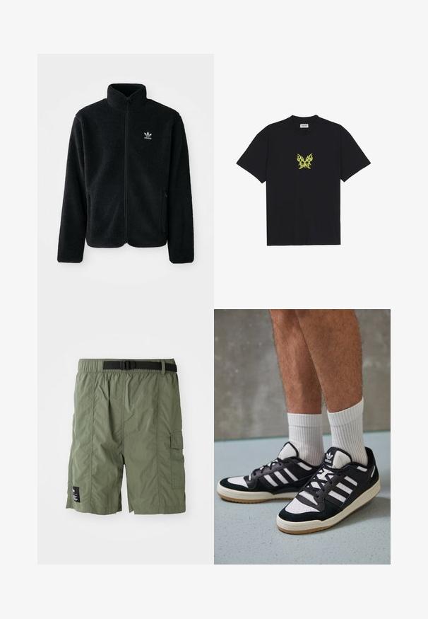 Fekete bolyhos dzseki magas gallérral, cipzáros elejével és elülső zsebeivel. Texturált anyaga és kis fehér logója van a bal mellen.; Fekete pamut póló, kicsi, sárga lángmintázatú pillangó grafikával a mellkason. Kerek nyakkivágás, rövid ujjak.; Olívazöld színű, rugalmas derékpánttal és fekete csattal ellátott cargo rövidnadrág. Oldalzsebbel és texturált anyagból készült.; Fekete-fehér tornacipők velúr és bőr felsőrésszel, három fehér csíkkal, perforált orral és gumi talppal.