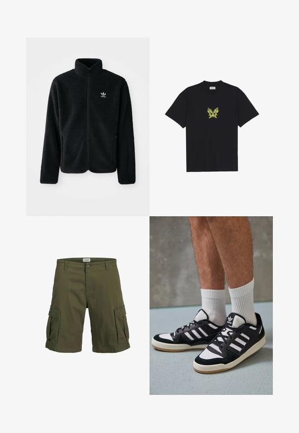 Fekete bolyhos dzseki magas gallérral, cipzáros elejével és elülső zsebeivel. Texturált anyaga és kis fehér logója van a bal mellen.; Fekete pamut póló, kicsi, sárga lángmintázatú pillangó grafikával a mellkason. Kerek nyakkivágás, rövid ujjak.; Olíva zöld vászon cargo sort, amely pamutból készült, két nagy oldalsó zsebbel, gombos záródással és egyenes szabással.; Fekete-fehér tornacipők velúr és bőr felsőrésszel, három fehér csíkkal, perforált orral és gumi talppal.