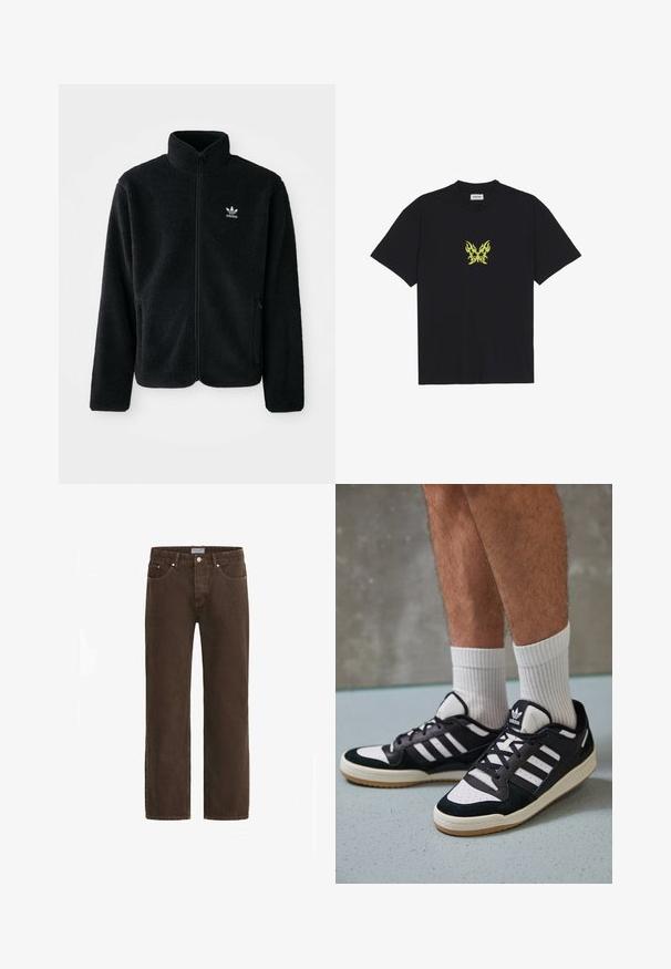 Svart fleecejakke med høy krage, glidelås foran og frontlommer. Har strukturert stoff og liten hvit logo på venstre bryst.; Sort bomull T-skjorte med et lite, gult flamme-mønster av en sommerfugl på brystet. Rund hals, korte ermer.; Brune denimjeans med rett ben, fem-lomme design og metalldetaljer. Har knappelukking og merket midjebånd.; Sorte og hvite sneakers med overdel i semsket skinn og lær, med tre hvite striper, perforert tå og en såle av gummi.