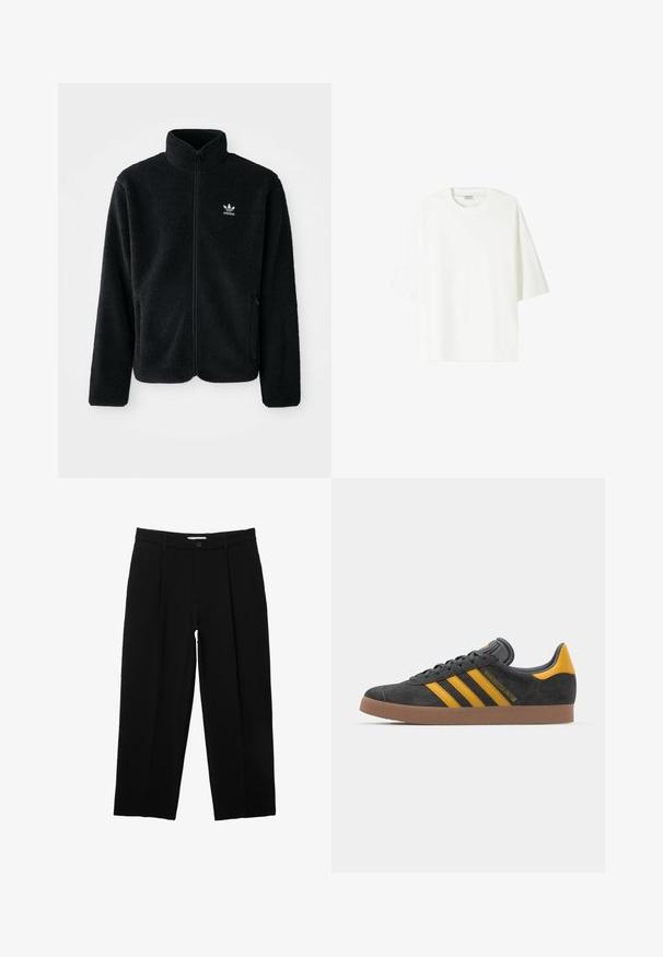 Musta fleece-takki, jossa on korkea kaulus, vetoketjusuljenta ja etutaskut. Käyttää teksturoitua kangasta ja siinä on pieni valkoinen logo vasemmassa rinnassa.; Valkoinen lyhythihainen T-paita, joka on valmistettu puuvillasta. Paita on pyöreäkauluksinen ja siinä on rento istuvuus sekä suora helma.; PULL&BEAR DARTED - Housut - black; Mustat samettiset tennarit, joissa on keltaisia yksityiskohtia, kolmonen raita ja ruskea kumipohja. Sisältää pehmustetun kielisen mukavuutta varten.