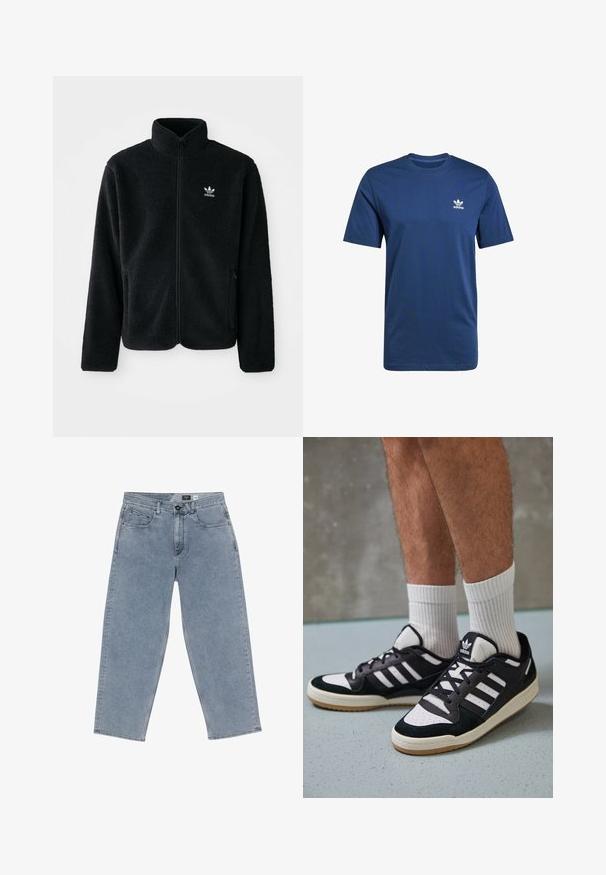 Svart fleecejacka med hög krage, blixtlås fram och framfickor. Har strukturtyg och en liten vit logotyp på vänster bröst.; Marinblå bomulls-T-shirt med korta ärmar, rundad hals och vitt Adidas-logotyp på vänster bröst. Slät textur, klassisk passform.; Ljusblå denimbyxor med vida ben, med knappstängning, fem fickor och raka ben. Mjuk textur, minimal blekning och ren sömnad.; Svartvita sneakers med ovandel i mocka och läder, med tre vita ränder, perforerad tå och sula av gummigummi.