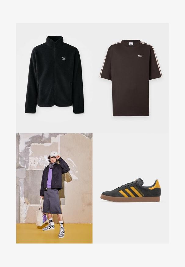 Must värviline fleecedee peasärk kõrge kraega, tõmblukuga esiosa ja esikotid. Omab tekstuuriga kangast ja väikest valget logo vasakul rinnal.; Pruun puuvillane lühikeste varrukatega T-särk, millel on õlgadel valged triibud ja rinnal väike valge logo.; Mustard jaakas, lilla särk, hallid lühikesed püksid ja valged tennisetossud hallide aktsentidega. Aksessuaaride hulka kuuluvad valge nokats ja mustritega kott.; Mustad sametist spordijalatsid kollaste aktsentidega, millel on kolm triipu ja pruun kummitald. Mugavuse tagamiseks on neil pehmendatud keele osa.