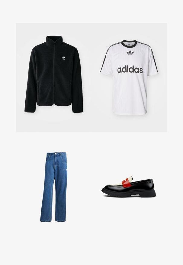 Giacca in pile nera con colletto alto, chiusura zip frontale e tasche anteriori. Presenta un tessuto testurizzato e un piccolo logo bianco sul lato sinistro del petto.; T-shirt bianco Adidas con dettagli neri, colletto rotondo e un grande logo nero sulla parte anteriore. Maniche corte con strisce nere. Tessuto testurizzato.; Jeans di denim a vita alta e gamba larga blu, con tasche frontali, passanti per cintura, chiusura a bottone e piccolo logo Adidas sulla coscia destra.; Mocassini in pelle nera con una fascia bianca e rossa, suola in gomma a carro armato e dettagli di cucitura in contrasto. Design elegante con tacco piatto.