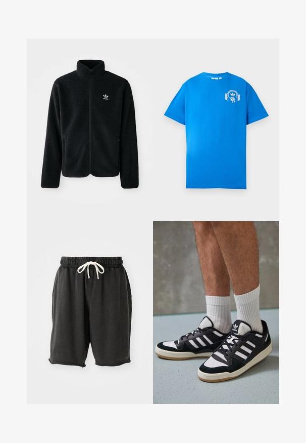 Fekete bolyhos dzseki magas gallérral, cipzáros elejével és elülső zsebeivel. Texturált anyaga és kis fehér logója van a bal mellen.; Kék pamut póló rövid ujjakkal. Elöl fehér grafikával díszített, amelyen egy fejhallgatós karakter és egy ív látható.; Fekete pamut rövidnadrág, elasztikus derékpánttal és fehér zsinórral. Oldalsó zsebekkel és befejezetlen szegéllyel rendelkezik, kis cipzáras részletekkel.; Fekete-fehér tornacipők velúr és bőr felsőrésszel, három fehér csíkkal, perforált orral és gumi talppal.