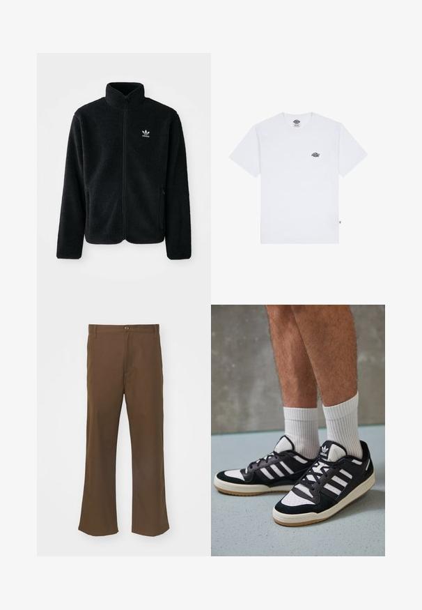 Melns flīsa mētelis ar augstu apkakli, ar rāvējslēdzēju priekšā un priekšējiem kabatām. Iezīmē ar teksturētu audumu un mazu baltu logo uz kreisā krūtīm.; Balta kokvilnas t-krekls ar īsām piedurknēm, ar mazu melnu logotipu uz krūtīm un birku apakšējā kreisajā stūrī.; Brūni platā kājās bikses, kas izgatavotas no gludas auduma ar pogu aizdari, ar priekšējām kabatām un taisnām šuvēm gar kājām.; Melnas un baltas kedas ar zamša un ādas augšdaļu, kas aprīkotas ar trim baltām svītrām, perforētu purngali un gumijas zolēm.