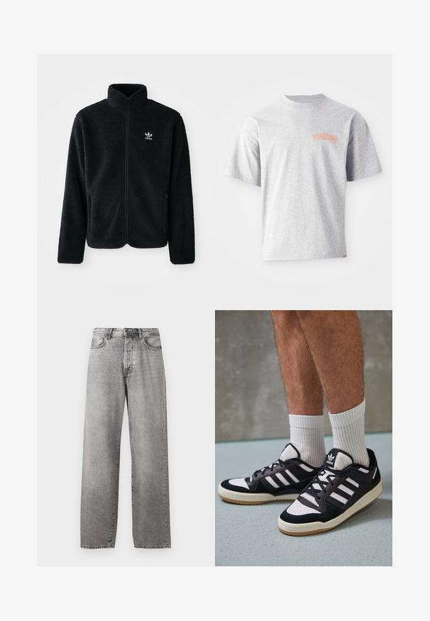 Czarna polarowa kurtka z wysokim kołnierzem, zamek z przodu i kieszeniami z przodu. Posiada teksturowany materiał i małe białe logo na lewej piersi.; Szara koszulka z krótkim rękawem wykonana z bawełny, z okrągłym dekoltem i pomarańczowym wyszywanym logo "DICKIES" na lewej piersi.; Szare dżinsowe spodnie typu wide-leg. Posiadają wysoki stan, pięć kieszeni oraz zapięcie na guzik i zamek błyskawiczny. Na tkaninie występują subtelne przetarcia.; Czarno-białe sneakersy z zamszową i skórzaną cholewką, z trzema białymi paskami, perforowanym czubkiem i gumową podeszwą w kolorze gumy.
