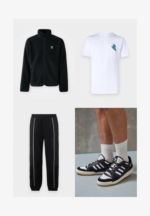 Fekete bolyhos dzseki magas gallérral, cipzáros elejével és elülső zsebeivel. Texturált anyaga és kis fehér logója van a bal mellen.; Fehér pamut póló, bal mellen kék szörny kéz grafikával. Egyszerű környakú design, rövid ujjakkal.; Fekete melegítőnadrág fehér oldalsávokkal, rugalmas derékkal és szegélyekkel. Puha, texturált anyagból készült a kényelem és a rugalmasság érdekében.; Fekete-fehér tornacipők velúr és bőr felsőrésszel, három fehér csíkkal, perforált orral és gumi talppal.