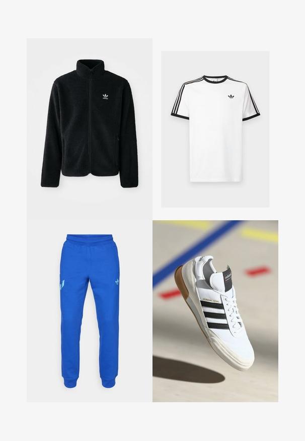 Casaco de fleece preto com gola alta, fecho de correr à frente e bolsos frontais. Apresenta um tecido texturizado e um pequeno logo branco no lado esquerdo do peito.; T-shirt de algodão branco com decote e mangas caneladas pretas, apresentando três riscas pretas em cada ombro e um pequeno logotipo no peito.; Calças de sweatpants azuis feitas de um tecido suave, apresentando um design afunilado, cós elástico e bolsos. Destacam-se os pormenores verdes e o detalhe do logo.; Sapatilha Adidas Mundial Goal branca com riscas pretas e sola de borracha, mostrada no ar sobre um piso desportivo com linhas coloridas.