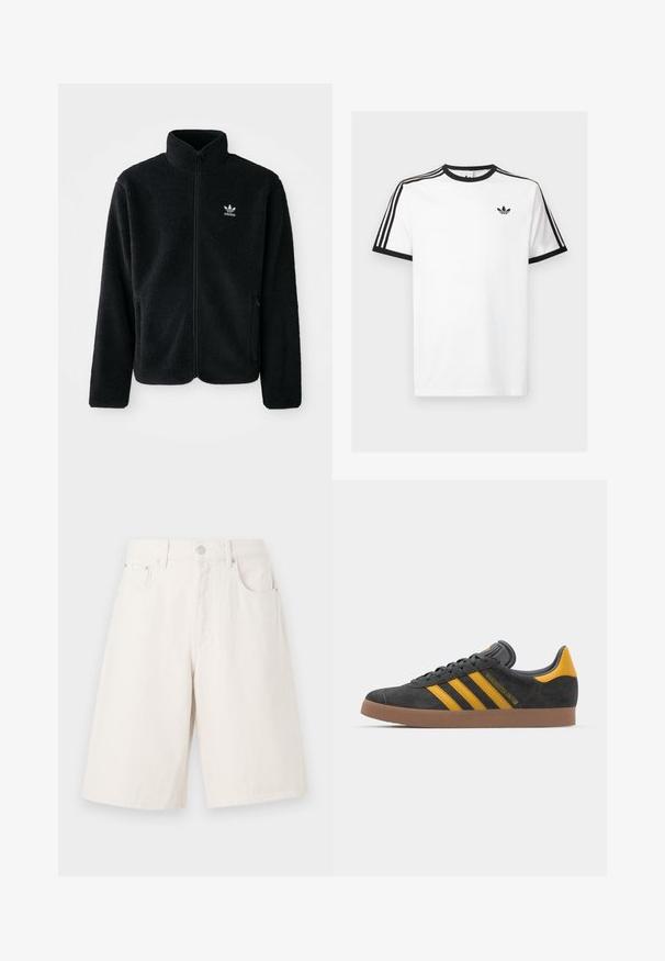 Giacca in pile nera con colletto alto, chiusura zip frontale e tasche anteriori. Presenta un tessuto testurizzato e un piccolo logo bianco sul lato sinistro del petto.; T-shirt bianco in cotone con scollo e maniche a coste nere, caratterizzato da tre righe nere su ogni spalla e un piccolo logo sul petto.; Pantaloni shorts in denim beige chiaro con una vestibilità ampia, dotati di due tasche anteriori, di una chiusura con cerniera e di un bottone in metallo.; Sneaker in suede nero con dettagli gialli, dotato di tre strisce e una suola in gomma marrone. Include una linguetta imbottita per il comfort.