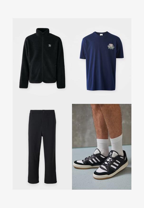 Zwarte fleece jacket met hoge kraag, ritssluiting aan de voorkant en voorzakken. Kenmerkt zich door textuurstof en een klein wit logo op de linkerborst.; Marineblauwe katoenen T-shirt met korte mouwen, ronde hals en geborduurd logo met lauriertakken op de linkerborst.; Zwarte geribbelde broeken met een rechte snit, voorzien van een knoopsluiting en een elastische tailleband voor comfort. Gevarieerd textiel door het hele stuk.; Zwart-witte sneakers met een bovenwerk van suede en leer, voorzien van drie witte strepen, een geperforeerde neus en een rubberen gumzool.