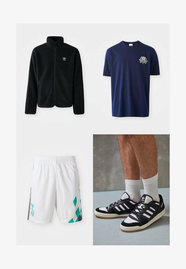 Czarna polarowa kurtka z wysokim kołnierzem, zamek z przodu i kieszeniami z przodu. Posiada teksturowany materiał i małe białe logo na lewej piersi.; Granatowa bawełniana koszulka z krótkim rękawem, okrągłym dekoltem i haftowanym logo z akcentami laurowymi po lewej stronie klatki piersiowej.; Białe sportowe szorty z elastycznym pasem, z geometrycznym wzorem w kolorze turkusowym i czarnymi akcentami po bokach. Zawierają duży numer "3".; Czarno-białe sneakersy z zamszową i skórzaną cholewką, z trzema białymi paskami, perforowanym czubkiem i gumową podeszwą w kolorze gumy.