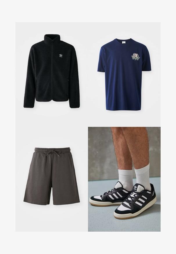Zwarte fleece jacket met hoge kraag, ritssluiting aan de voorkant en voorzakken. Kenmerkt zich door textuurstof en een klein wit logo op de linkerborst.; Marineblauwe katoenen T-shirt met korte mouwen, ronde hals en geborduurd logo met lauriertakken op de linkerborst.; Donkergrijze shorts van zacht materiaal, met een elastische tailleband, verstelbaar trekkoord en een lengte tot de knieën. Gladde structuur, geen patronen.; Zwart-witte sneakers met een bovenwerk van suede en leer, voorzien van drie witte strepen, een geperforeerde neus en een rubberen gumzool.