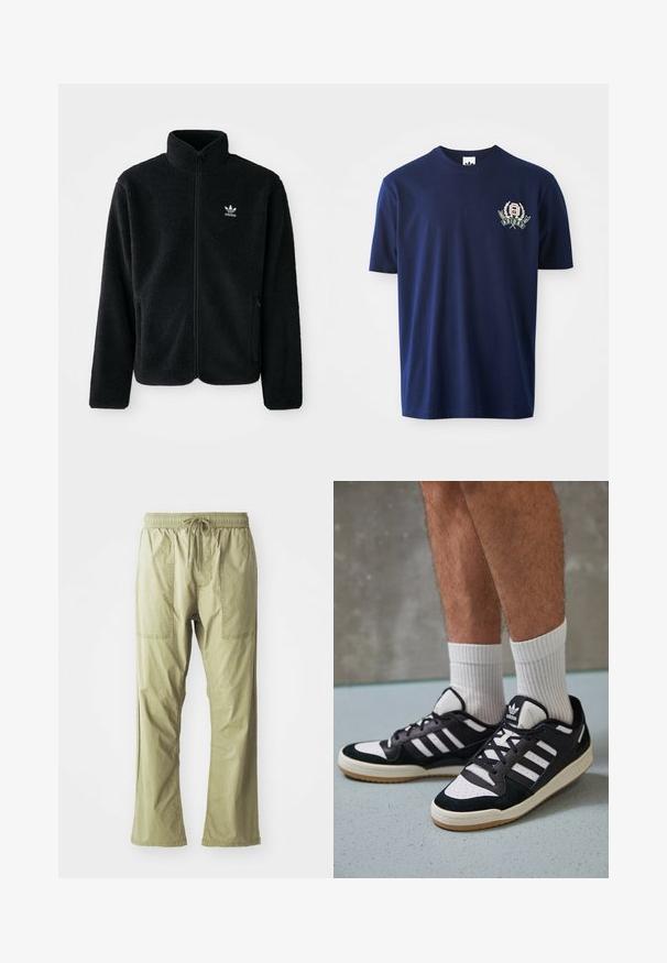 Crna fleec jakna s visokim ovratnikom, prednjim zatvaračem i prednjim džepovima. Ima teksturirani materijal i mali bijeli logo na lijevoj strani prsnog koša.; Tamno plava pamučna majica s kratkim rukavima, okruglim izrezom i vezenim logotipom s lovorovim detaljima na lijevoj strani prsnog koša.; Maslinasto zelene, lagane cargo hlače s vezicom u struku, dva prednja džepa i opušteni kroj. Glatka pamučna tkanina, ravni kroj nogavica.; Crne i bijele tenisice s gornjim dijelom od antilopa i kože, s tri bijele pruge, perforiranim prstom i gumiranim potplatom.