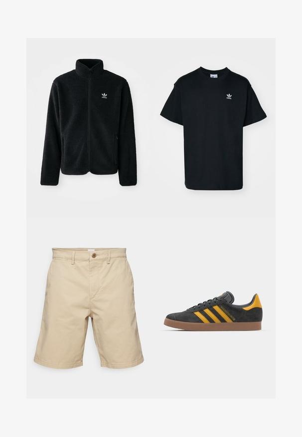 Casaco de fleece preto com gola alta, fecho de correr à frente e bolsos frontais. Apresenta um tecido texturizado e um pequeno logo branco no lado esquerdo do peito.; T-shirt preta de algodão com gola redonda e mangas curtas, apresentando um pequeno logótipo branco da Adidas na área do lado esquerdo do peito.; GAP ESSENTIAL SHORT - Calções - iconic khaki; Tenis em camurça preta com detalhes amarelos, apresentando três riscas e uma sola de borracha castanha. Inclui uma língua acolchoada para maior conforto.