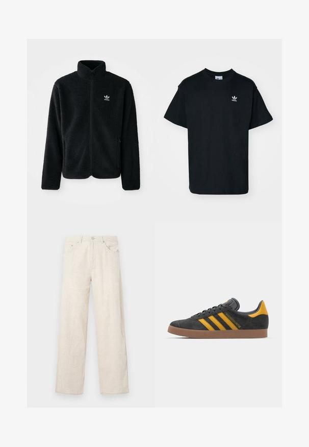 Black fleece jacket with high collar, zip front, and front pockets. Features textured fabric and small white logo on left chest.; Black cotton t-shirt with a crew neck and short sleeves, featuring a small white Adidas logo on the left chest area.; Beige wide-leg trousers made from textured fabric, featuring a button closure, belt loops, and classic pocket styling.; Black suede sneaker with yellow accents, featuring three stripes and a brown rubber sole. Includes a padded tongue for comfort.