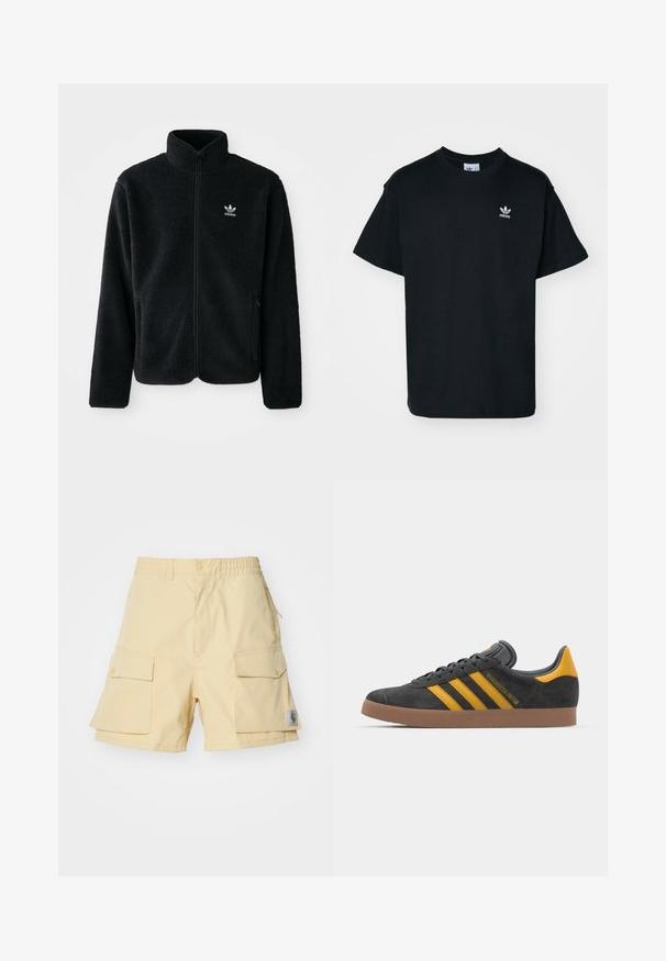 Jachetă din fleece neagră cu guler înalt, fermoar pe față și buzunare frontale. Caracteristici ale materialului texturat și un mic logo alb pe pieptul stâng.; Tricou din bumbac negru cu guler rotund și mâneci scurte, având un mic logo alb Adidas pe partea stângă a pieptului.; Bermude cargo galbene, dintr-un material ușor, cu două buzunare mari pe laterale, talie elastică și un mic patch cu logo pe lateral.; Tenisi negri din suede cu accente galbene, având trei dungi și o talpă din cauciuc maroniu. Include un limba căptușită pentru confort.