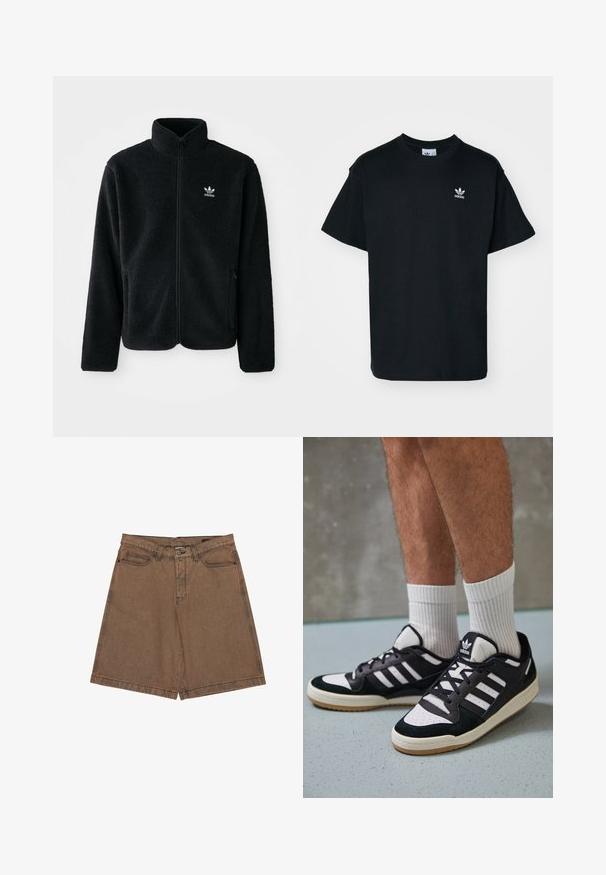 Musta fleece-takki, jossa on korkea kaulus, vetoketjusuljenta ja etutaskut. Käyttää teksturoitua kangasta ja siinä on pieni valkoinen logo vasemmassa rinnassa.; Mustapuuterinen t-paita, jossa on pyöreä kaula-aukko ja lyhyet hihat. Vasemman rinnan alueella on pieni valkoinen Adidas-logo.; Ruske denim šortse s ravnim krojem, velikimi stranskimi žepi, podrobnostjo logotipa na pasu in kontrastnim šivom ob šivih.; Valkoiset ja mustat tennarit, joissa on mokkanahka- ja nahkapäällinen, kolme valkoista raitaa, rei'itetty kärki ja kumipohja.