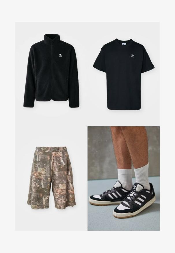 Juodas fliso džemperis su aukštu apykakle, užtrauktuku priekyje ir priekinėmis kišenėmis. Ypatybės: tekstūruota medžiaga ir mažas baltas logotipas kairėje krūtinės pusėje.; Juodas medvilnės marškinėliai su apvalia iškirpte ir trumpomis rankovėmis, su mažuoju baltu Adidas logotipu kairėje krūtinės pusėje.; Kamo rašto šortai su elastinga juosta, kuriuose dera žalios, rudos ir smėlinės spalvos, su nusidėvėjusiu kraštu, suteikiančiu šiurkštų įvaizdį.; Juodos ir baltos sportinės bateliai su zomšiniu ir odiniu viršumi, su trimis baltomis juostelėmis, perforuota koja ir guminėmis padais.