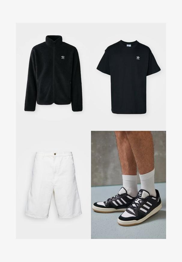 Black fleece jacket with high collar, zip front, and front pockets. Features textured fabric and small white logo on left chest.; Black cotton t-shirt with a crew neck and short sleeves, featuring a small white Adidas logo on the left chest area.; White cotton shorts with a straight cut, featuring a button closure and belt loops, smooth texture, and knee-length design.; Black and white sneakers with a suede and leather upper, featuring three white stripes, a perforated toe, and a gum rubber sole.