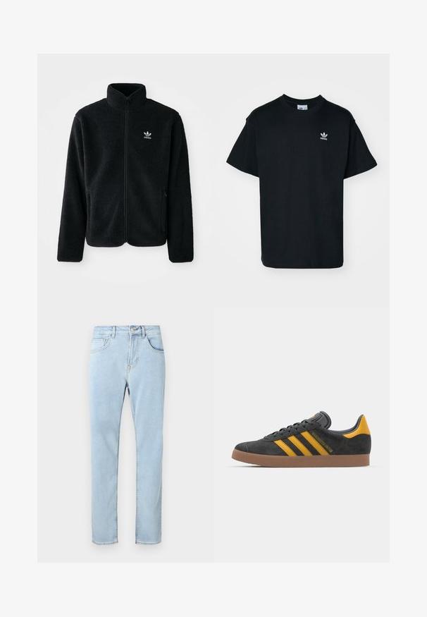 Črna flis jakna z visokim ovratnikom, z zadrgo spredaj in sprednjimi žepi. Ima strukturno blago in majhno belo logo na levi strani prsnega koša.; Črna bombažna majica s kratkimi rokavi in krožno ovratnikom, z majhnim belim logotipom Adidas na levem prsnem delu.; Svetlo modre ozke kavbojke iz jeansa z žepi spredaj, zankami za pas, zapenjanjem na gumb in subtilnimi detajli šivanja.; Črne semiš tene z rumenimi akcenti, ki vsebujejo tri trakove in rjavo gumo podplat. Vključujejo oblazinjeno jezik za udobje.