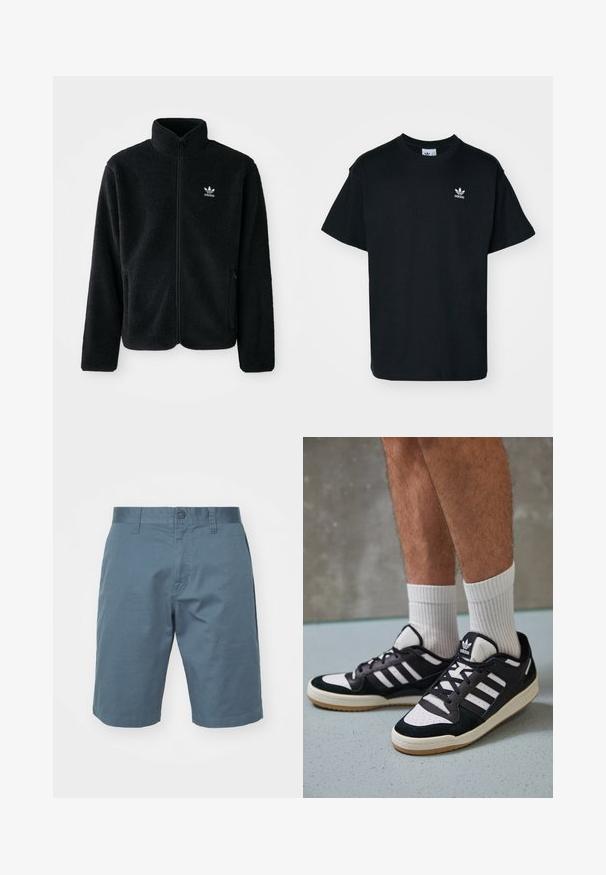 Black fleece jacket with high collar, zip front, and front pockets. Features textured fabric and small white logo on left chest.; Black cotton t-shirt with a crew neck and short sleeves, featuring a small white Adidas logo on the left chest area.; Blue cotton shorts featuring a button closure, belt loops, and side pockets. Smooth texture with a relaxed fit, reaching above the knee.; Black and white sneakers with a suede and leather upper, featuring three white stripes, a perforated toe, and a gum rubber sole.