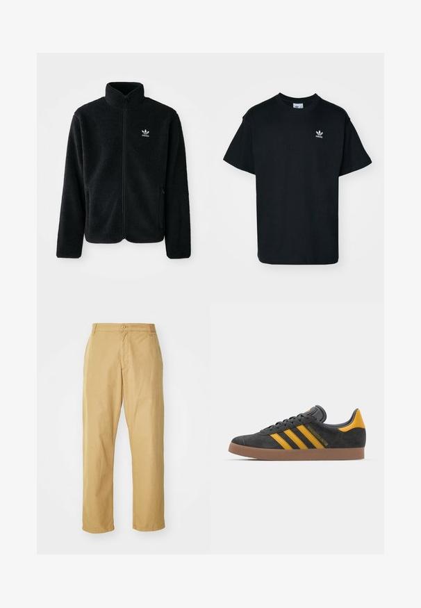 Black fleece jacket with high collar, zip front, and front pockets. Features textured fabric and small white logo on left chest.; Black cotton t-shirt with a crew neck and short sleeves, featuring a small white Adidas logo on the left chest area.; Khaki chinos made of lightweight fabric with a straight leg design, featuring a front button closure and side pockets.; Black suede sneaker with yellow accents, featuring three stripes and a brown rubber sole. Includes a padded tongue for comfort.