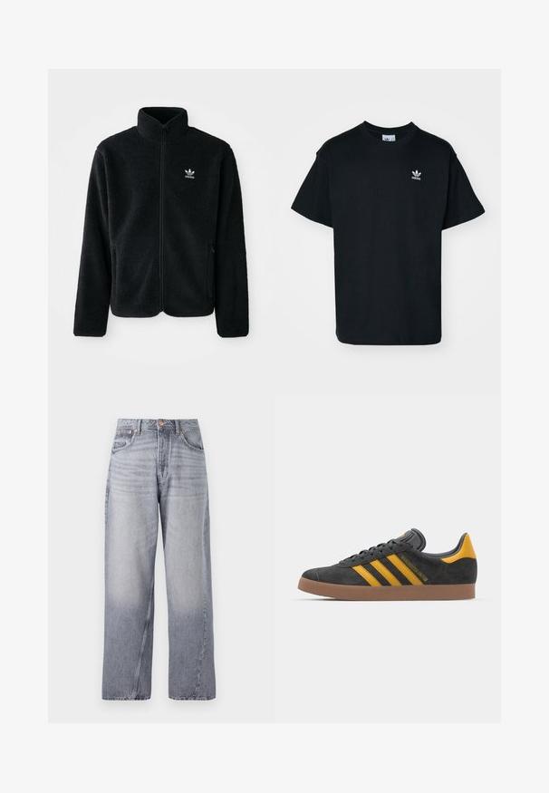 Crna fleec jakna s visokim ovratnikom, prednjim zatvaračem i prednjim džepovima. Ima teksturirani materijal i mali bijeli logo na lijevoj strani prsnog koša.; Crna pamučna majica s kratkim rukavima i okruglim izrezom, s malim bijelim Adidas logotipom s lijeve strane na prsima.; Svijetloplave, široke traperice s izblijedjelim završetkom, dizajnom s pet džepova i vidljivim šavovima. Imaju kopču na dugme i zatvaranje na patentni zatvarač.; Crne nubuk tenisice s žutim detaljima, sa tri pruge i smešnim gumenim potplatom. Imaju jastučić na jeziku za udobnost.