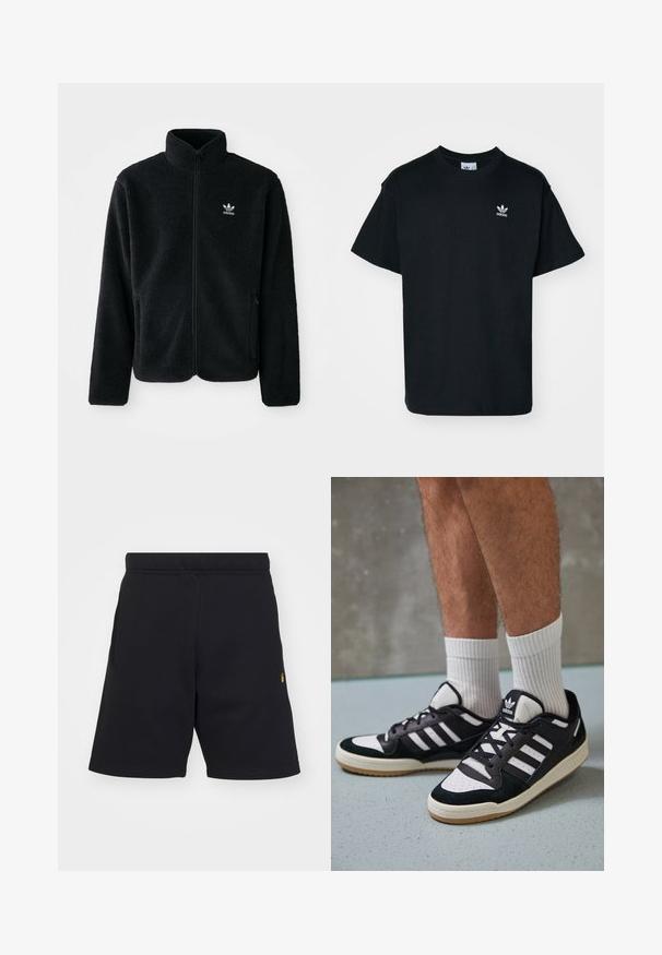 Giacca in pile nera con colletto alto, chiusura zip frontale e tasche anteriori. Presenta un tessuto testurizzato e un piccolo logo bianco sul lato sinistro del petto.; T-shirt in cotone nero con collo rotondo e maniche corte, caratterizzato da un piccolo logo bianco Adidas sul lato sinistro del petto.; Pantaloni neri corti realizzati in un tessuto morbido, con vita elastica, tasche laterali e un piccolo logo dorato accentato sul lato sinistro inferiore.; Sneaker bianco e nero con tomaia in suede e pelle, caratterizzati da tre strisce bianche, punta perforata e suola in gomma naturale.