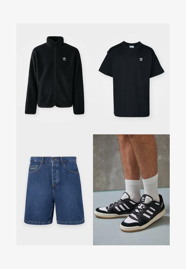 Svart fleecejakke med høy krage, glidelås foran og frontlommer. Har strukturert stoff og liten hvit logo på venstre bryst.; Svart bomull T-skjorte med rund hals og korte ermer, med en liten hvit Adidas-logo på venstre brystområde.; Dongerishorts i mørkeblå med klassisk snitt, med frontlommer, beltesløyfer, og en synlig merkelapp på venstre lomme.; Sorte og hvite sneakers med overdel i semsket skinn og lær, med tre hvite striper, perforert tå og en såle av gummi.