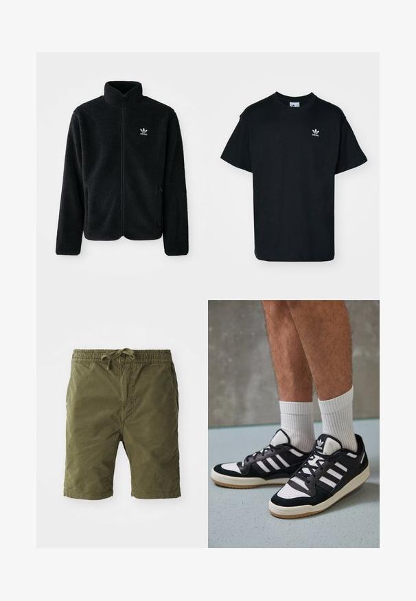 Black fleece jacket with high collar, zip front, and front pockets. Features textured fabric and small white logo on left chest.; Black cotton t-shirt with a crew neck and short sleeves, featuring a small white Adidas logo on the left chest area.; Olive green shorts made of soft, textured fabric. Features an elastic waistband with a drawstring and side pockets.; Black and white sneakers with a suede and leather upper, featuring three white stripes, a perforated toe, and a gum rubber sole.