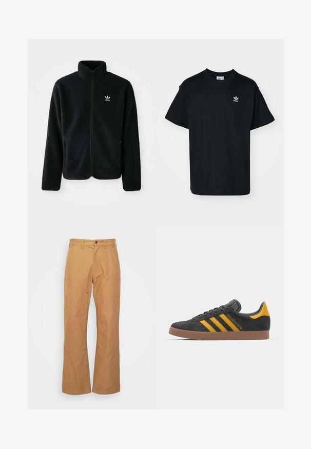 Black fleece jacket with high collar, zip front, and front pockets. Features textured fabric and small white logo on left chest.; Black cotton t-shirt with a crew neck and short sleeves, featuring a small white Adidas logo on the left chest area.; Tan cargo pants made from durable fabric, featuring side pockets, metal hardware accents, a straight-leg cut, and a regular waistband.; Black suede sneaker with yellow accents, featuring three stripes and a brown rubber sole. Includes a padded tongue for comfort.
