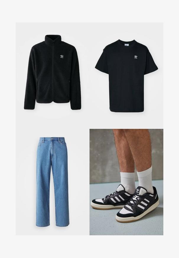 Sort fleecejakke med høj krave, lynlås foran og frontlommer. Har tekstureret stof og lille hvidt logo på venstre bryst.; Sorte bomulds T-shirt med rund hals og korte ærmer, prydet med et lille hvidt Adidas-logo på venstre brystområde.; Lysblå denim wide-leg jeans med høj talje, fem lommer og knaplukning. Glat tekstur med minimal falming.; Sorte og hvide sneakers med en overdel i ruskind og læder, der har tre hvide striber, en perforeret tå og en sål i gummigummi.