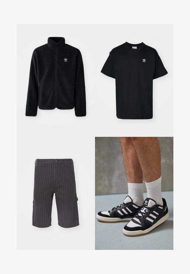 Must värviline fleecedee peasärk kõrge kraega, tõmblukuga esiosa ja esikotid. Omab tekstuuriga kangast ja väikest valget logo vasakul rinnal.; Must musta T-särk lühikeste varrukatega ja ümmarguse kaelusega, mille vasakul rinnal on väike valge Adidas logo.; Mustutiline triibuline lühike püks, sirge lõikega, millel on nupuga sulgemine ja küljetaskud, valmistatud tekstureeritud puuvilla ja sünteetiliste kiudude segust.; Mustvalged ja valged spordijalatsid, mille pealmine osa on valmistatud suede'ist ja nahast. Kingadel on kolm valget riba, auguline varvas ja kummist tald.