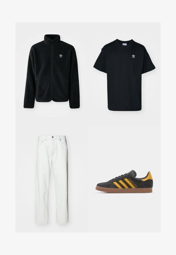 Čierna fleecová bunda s vysokým golierom, zipsom na prednej strane a prednými vreckami. Obsahuje textúrovanú tkaninu a malé biele logo na ľavej hrudi.; Čierne bavlnené tričko s okrúhlym výstrihom a krátkymi rukávmi, s malým bielym logom Adidas na ľavej strane hrude.; Biele džínsy z denimovej látky so strihaním rovného strihu, dizajnom s piatimi vreckami, zapínaním na gombík a jemnými švami. Hladká textúra a minimalistický štýl.; Čierne semišové tenisky so žltými akcentmi, ktoré majú tri pruhy a hnedú gumovú podrážku. Obsahujú vypolstrovaný jazyk pre pohodlie.