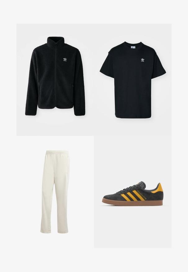 Svart fleecejacka med hög krage, blixtlås fram och framfickor. Har strukturtyg och en liten vit logotyp på vänster bröst.; Svart bomullströja med rund hals och korta ärmar, prydd med en liten vit Adidas-logotyp på vänster bröst.; adidas Originals FIREBIRD - Träningsbyxor - white; Svart mockaskor med gula accenter, med tre ränder och en brun gummisula. Inkluderar en vadderad tunga för extra komfort.