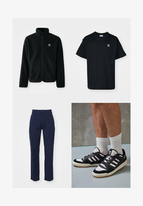Černá fleecová bunda s vysokým límcem, předním zipem a předními kapsami. Disponuje strukturovanou tkaninou a malým bílým logem na levé hrudi.; Černé bavlněné tričko s kulatým výstřihem a krátkým rukávem, s malým bílým logem Adidas na levé části hrudi.; Alpha Industries PANT - Chino kalhoty - ultra navy; Černobílé tenisky s vrchní částí z semišové a kožené kůže, včetně tří bílých pruhů, perforovaného špičky a podrážky z gumy.