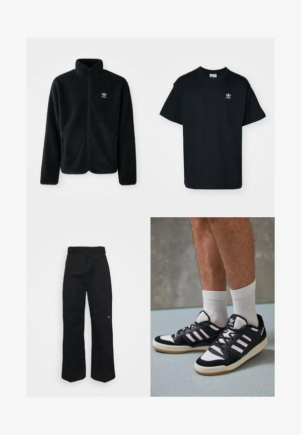 Fekete bolyhos dzseki magas gallérral, cipzáros elejével és elülső zsebeivel. Texturált anyaga és kis fehér logója van a bal mellen.; Fekete pamut póló kerek nyakkal és rövid ujjal, bal melle részen egy kis fehér Adidas logóval.; Fekete, széles szárú nadrág sima textúrával, normál derékkal és egy kis hímzett logóval a jobb lábnál.; Fekete-fehér tornacipők velúr és bőr felsőrésszel, három fehér csíkkal, perforált orral és gumi talppal.