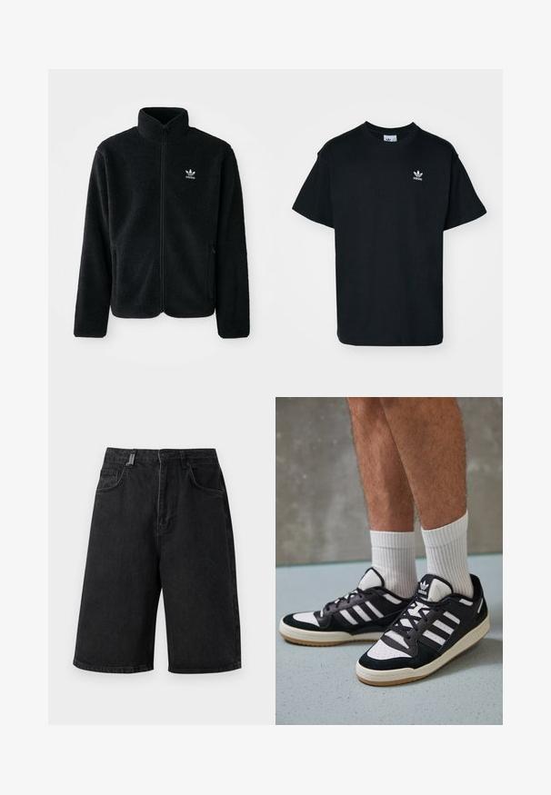 Jachetă din fleece neagră cu guler înalt, fermoar pe față și buzunare frontale. Caracteristici ale materialului texturat și un mic logo alb pe pieptul stâng.; Tricou din bumbac negru cu guler rotund și mâneci scurte, având un mic logo alb Adidas pe partea stângă a pieptului.; Shorts din denim negru cu o croială lejeră, talie medie, cinci buzunare și bucle pentru curea. Materialul are o textură fină și detalii de cusătură subtile.; Adidași negri și albi cu un superior din suede și piele, prevăzuți cu trei dungi albe, un vârf perforat și o talpă din cauciuc caramel.