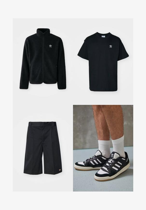 Črna flis jakna z visokim ovratnikom, z zadrgo spredaj in sprednjimi žepi. Ima strukturno blago in majhno belo logo na levi strani prsnega koša.; Črna bombažna majica s kratkimi rokavi in krožno ovratnikom, z majhnim belim logotipom Adidas na levem prsnem delu.; Črne kratke hlače s prilagojenim dizajnom, z ravnimi sprednjimi povešali, standardnim pasom in stranskimi žepi. Narejene so iz trpežnega blaga.; Črno-bele superge z zgornjim delom iz usnja in nubuka, ki imajo tri bele črte, perforiran vrh prstov in podplat iz gume.