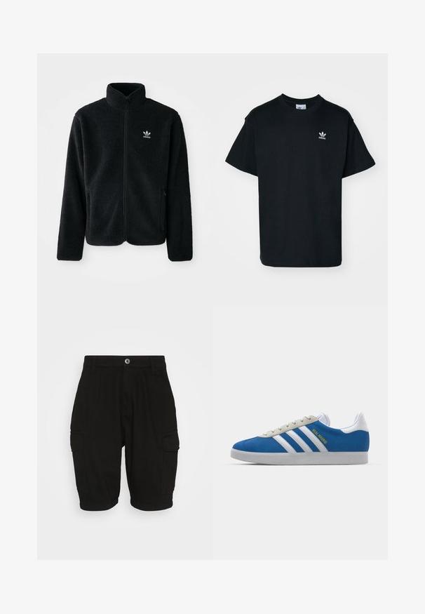 Črna flis jakna z visokim ovratnikom, z zadrgo spredaj in sprednjimi žepi. Ima strukturno blago in majhno belo logo na levi strani prsnega koša.; Črna bombažna majica s kratkimi rokavi in krožno ovratnikom, z majhnim belim logotipom Adidas na levem prsnem delu.; Črne cargo kratke hlače iz bombaža s ravnim krojem, ki imajo dve stranski žep in gumbasto zapiranje spredaj.; adidas Originals ADIDAS GAZELLE SHOES - Dvoranske nogometne kopačke - real madrid/bluebird/footwear white/crew yellow