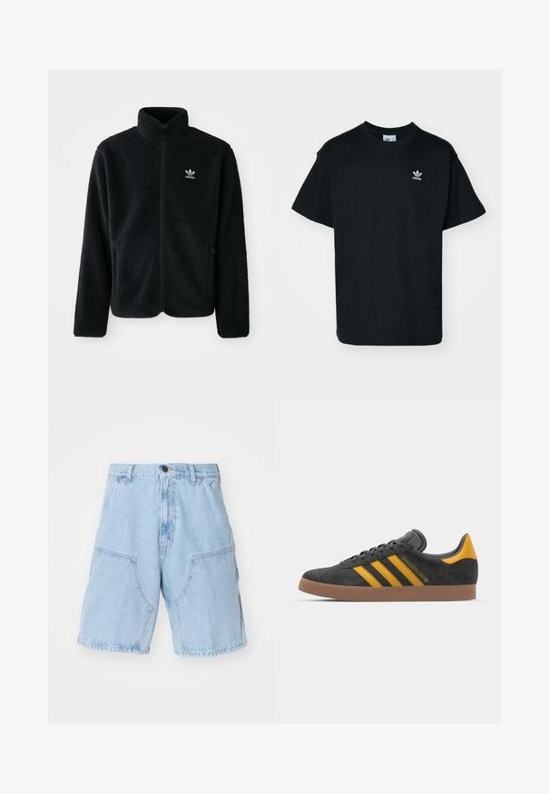 Fekete bolyhos dzseki magas gallérral, cipzáros elejével és elülső zsebeivel. Texturált anyaga és kis fehér logója van a bal mellen.; Fekete pamut póló kerek nyakkal és rövid ujjal, bal melle részen egy kis fehér Adidas logóval.; Világoskék farmernadrág rövidnadrág, laza szabással, két nagy elülső zsebbel és gombos záródással a deréknál.; Fekete velúrbőr sportcipő sárga díszítéssel, három csíkkal és barna gumitalppal. Párnázott nyelvével a kényelem érdekében.