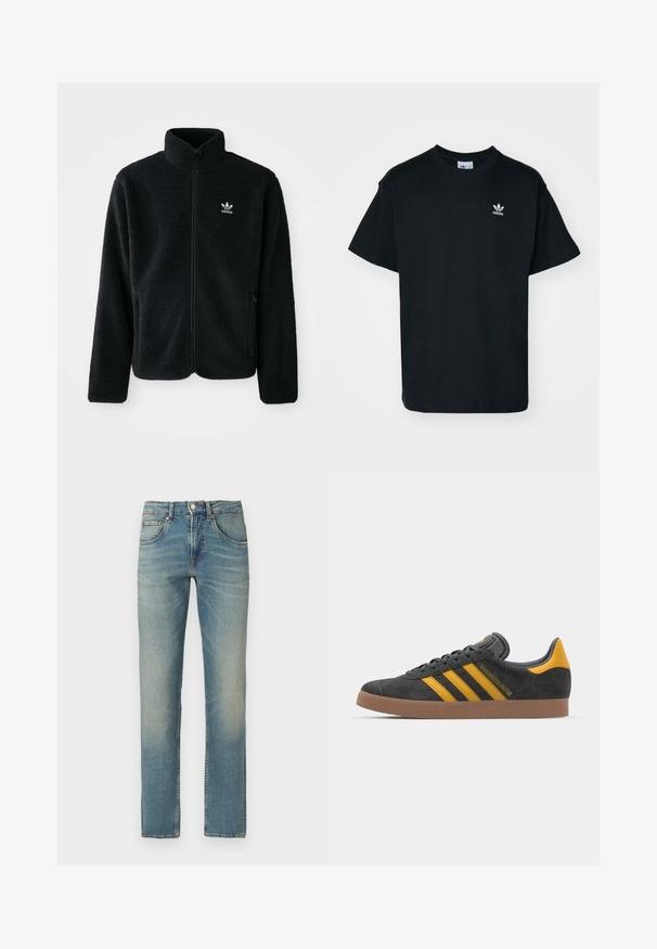 Črna flis jakna z visokim ovratnikom, z zadrgo spredaj in sprednjimi žepi. Ima strukturno blago in majhno belo logo na levi strani prsnega koša.; Črna bombažna majica s kratkimi rokavi in krožno ovratnikom, z majhnim belim logotipom Adidas na levem prsnem delu.; Modre kavbojke z ravnimi hlačnicami, z bledim pranjem, petimi žepi in zapiranjem na gumb na belem ozadju.; Črne semiš tene z rumenimi akcenti, ki vsebujejo tri trakove in rjavo gumo podplat. Vključujejo oblazinjeno jezik za udobje.