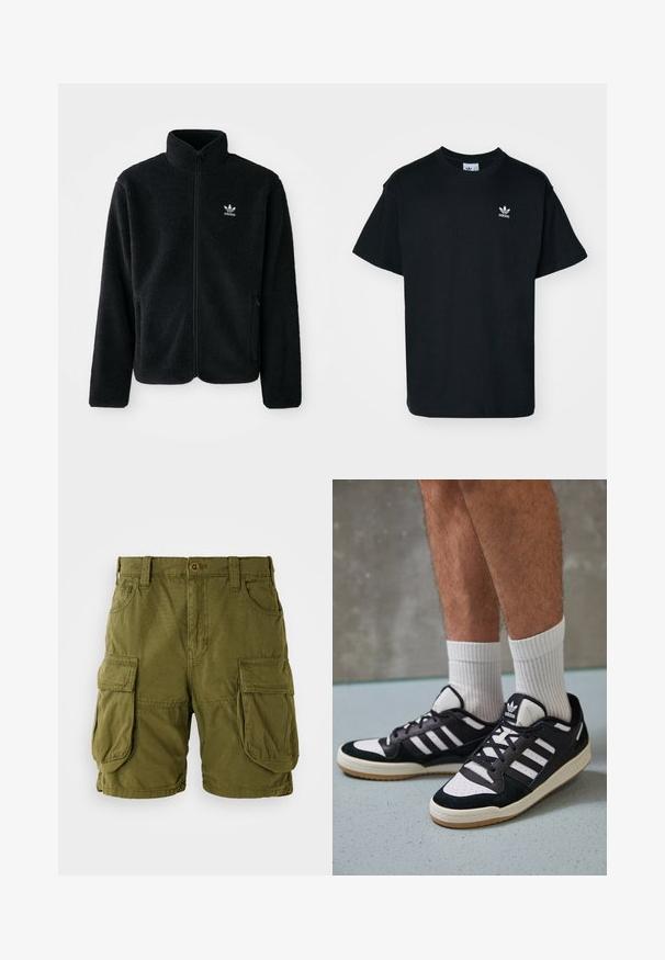 Črna flis jakna z visokim ovratnikom, z zadrgo spredaj in sprednjimi žepi. Ima strukturno blago in majhno belo logo na levi strani prsnega koša.; Črna bombažna majica s kratkimi rokavi in krožno ovratnikom, z majhnim belim logotipom Adidas na levem prsnem delu.; Olive zelena cargo kratke hlače iz bombažne mešanice. Imajo žepih s strani in gumbno zapiranje z pasom. Gladka tekstura.; Črno-bele superge z zgornjim delom iz usnja in nubuka, ki imajo tri bele črte, perforiran vrh prstov in podplat iz gume.