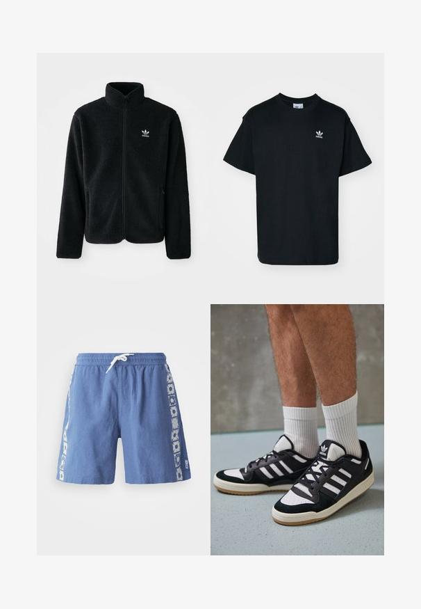 Svart fleecejakke med høy krage, glidelås foran og frontlommer. Har strukturert stoff og liten hvit logo på venstre bryst.; Svart bomull T-skjorte med rund hals og korte ermer, med en liten hvit Adidas-logo på venstre brystområde.; Blå svømmeshorts laget av lett materiale, med en snøring i midjen og blomstermønstrede detaljer langs sidene.; Sorte og hvite sneakers med overdel i semsket skinn og lær, med tre hvite striper, perforert tå og en såle av gummi.