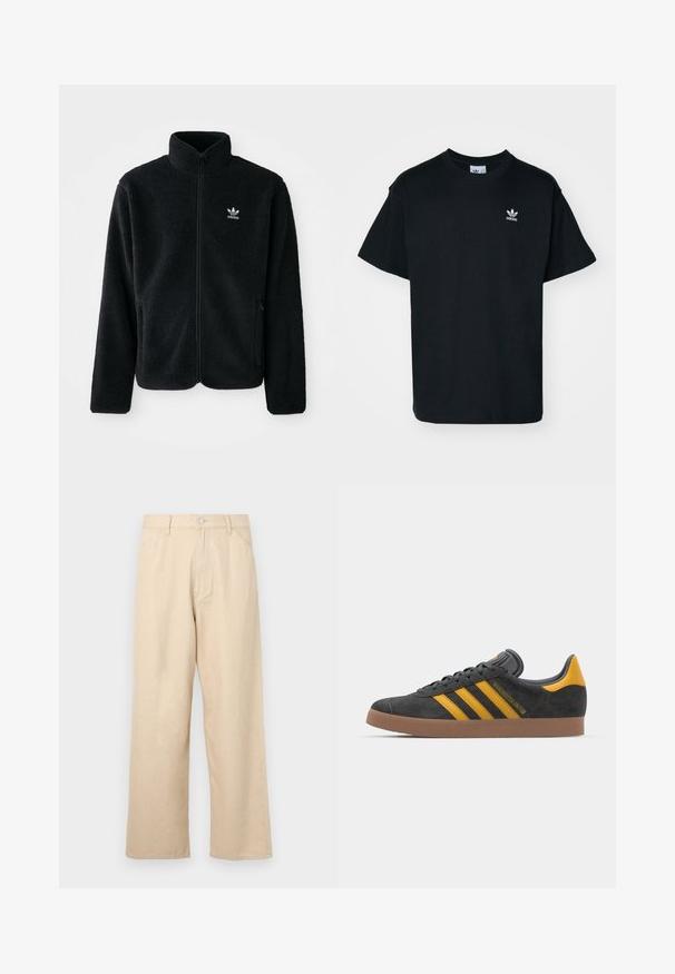 Must värviline fleecedee peasärk kõrge kraega, tõmblukuga esiosa ja esikotid. Omab tekstuuriga kangast ja väikest valget logo vasakul rinnal.; Must musta T-särk lühikeste varrukatega ja ümmarguse kaelusega, mille vasakul rinnal on väike valge Adidas logo.; Bežid suured püksid, mis on valmistatud denimist ja millel on tekstureeritud viimistlus, varustatud ees oleva nööpkinni ja klassikalise viie tasku disainiga.; Mustad sametist spordijalatsid kollaste aktsentidega, millel on kolm triipu ja pruun kummitald. Mugavuse tagamiseks on neil pehmendatud keele osa.