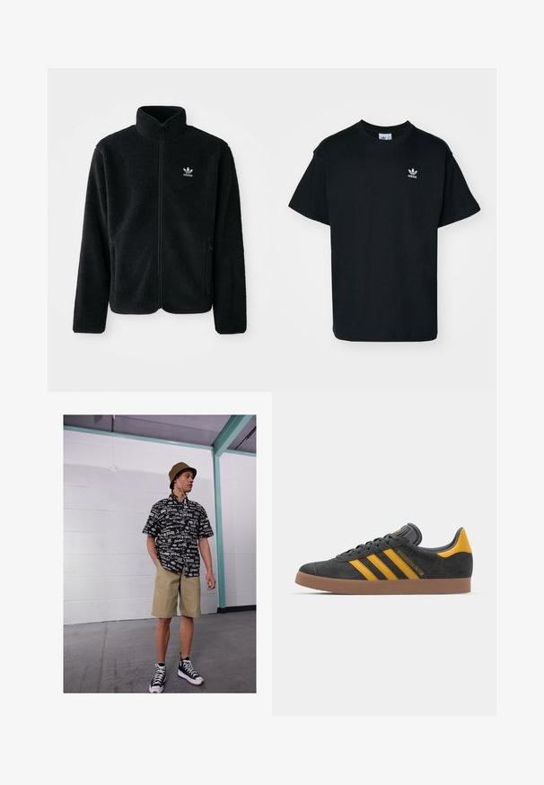 Svart fleecejacka med hög krage, blixtlås fram och framfickor. Har strukturtyg och en liten vit logotyp på vänster bröst.; Svart bomullströja med rund hals och korta ärmar, prydd med en liten vit Adidas-logotyp på vänster bröst.; Svart och vit kortärmad skjorta med logotypmönster, khakifärgade shorts och svarta högre sneakers. Beige bucket hat och snören synliga.; Svart mockaskor med gula accenter, med tre ränder och en brun gummisula. Inkluderar en vadderad tunga för extra komfort.