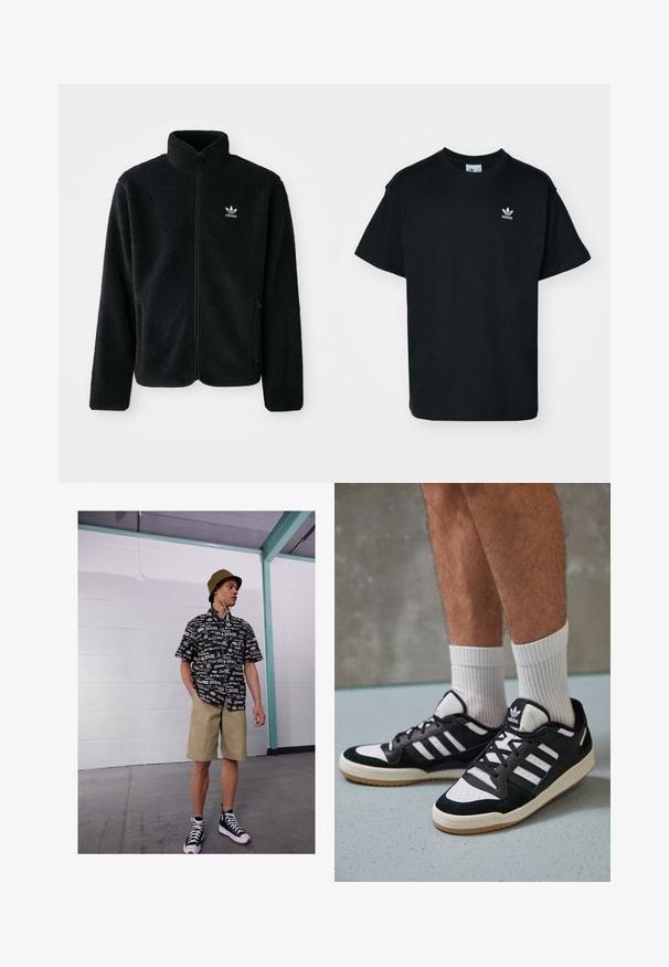 Zwarte fleece jacket met hoge kraag, ritssluiting aan de voorkant en voorzakken. Kenmerkt zich door textuurstof en een klein wit logo op de linkerborst.; Zwarte katoenen t-shirt met een ronde hals en korte mouwen, voorzien van een klein wit Adidas-logo op de linkerborst.; Zwart-witte shirt met korte mouwen met logo patroon, kaki korte broek en zwarte high-top sneakers. Beige bucket hat en snoeren zichtbaar.; Zwart-witte sneakers met een bovenwerk van suede en leer, voorzien van drie witte strepen, een geperforeerde neus en een rubberen gumzool.
