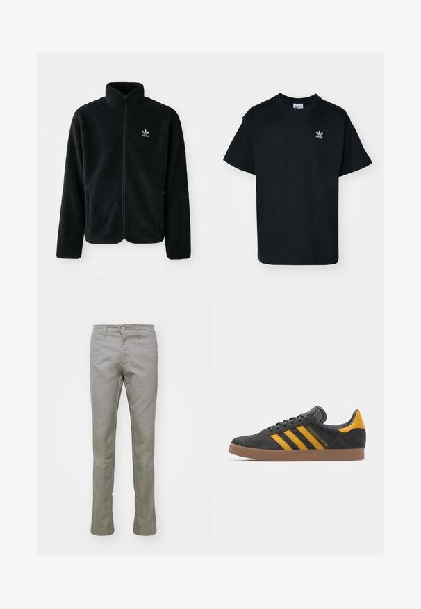 Czarna polarowa kurtka z wysokim kołnierzem, zamek z przodu i kieszeniami z przodu. Posiada teksturowany materiał i małe białe logo na lewej piersi.; Czarna bawełniana koszulka z okrągłym dekoltem i krótkimi rękawami, z małym białym logo Adidas na lewej stronie klatki piersiowej.; Carhartt WIP SID szary; Czarne zamszowe sneakersy z żółtymi akcentami, z trzema paskami i brązową gumową podeszwą. Posiadają wyściełany język dla większego komfortu.