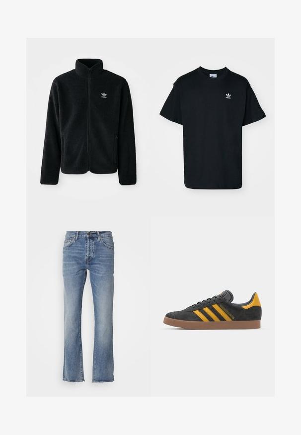 Černá fleecová bunda s vysokým límcem, předním zipem a předními kapsami. Disponuje strukturovanou tkaninou a malým bílým logem na levé hrudi.; Černé bavlněné tričko s kulatým výstřihem a krátkým rukávem, s malým bílým logem Adidas na levé části hrudi.; Svetle modré džíny s rovnými nohavicemi, které mají pět kapes a malý kovový knoflík na pase. Detaily s třepením na spodním okraji.; Černé semišové tenisky se žlutými akcenty, vybavené třemi pruhy a hnědou gumovou podrážkou. Obsahují polstrovaný jazyk pro pohodlí.
